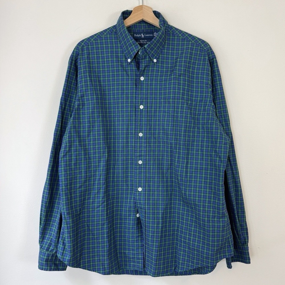 Vintage 90s Polo Ralph Blue And Red Plaid Cotton Button Down Polo Tee Shirt XL
